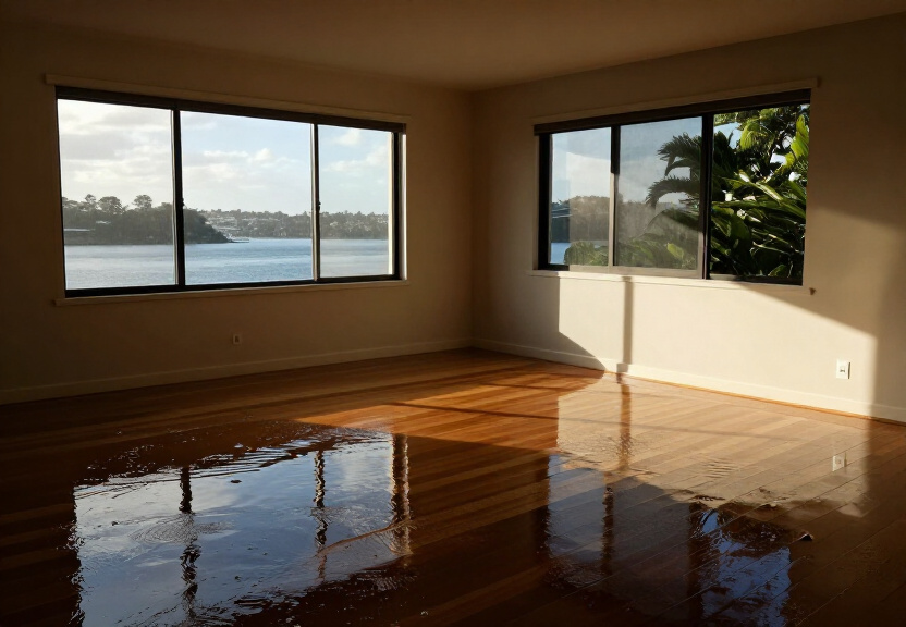 Flooded living room in Hornsby Heights before restoration
